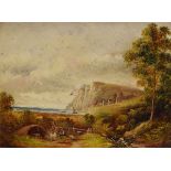 19th Century English School - Oil on board - Coastal landscape with a figure at a campfire,