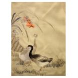 Chinese embroidered silk panel depicting two geese, together with two Oriental dioramas (3)