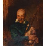 Scottish School - 19th Century - Oil on board - Portrait of a bagpipe player, on stamped and