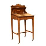 Victorian rosewood and string inlaid lady's writing desk having hinged sloped inlaid leather writing