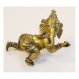 Indian cast bronze model of the God Ganesh modelled in crouching pose holding an orb Condition: