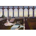 Les Matthews (Bristol Savages) - Oil on board - A fantasy scene with a figure in a terraced