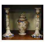 French Rouen faience ovoid jar and cover having stylised foliate decoration, together with a pair of