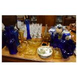 Assorted glass ware to include; 'Bristol' blue vases, bowl, jug etc, amber glass ware and a group of