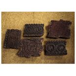 Box containing five assorted 19th Century printers blocks, each with Eastern style pattern to