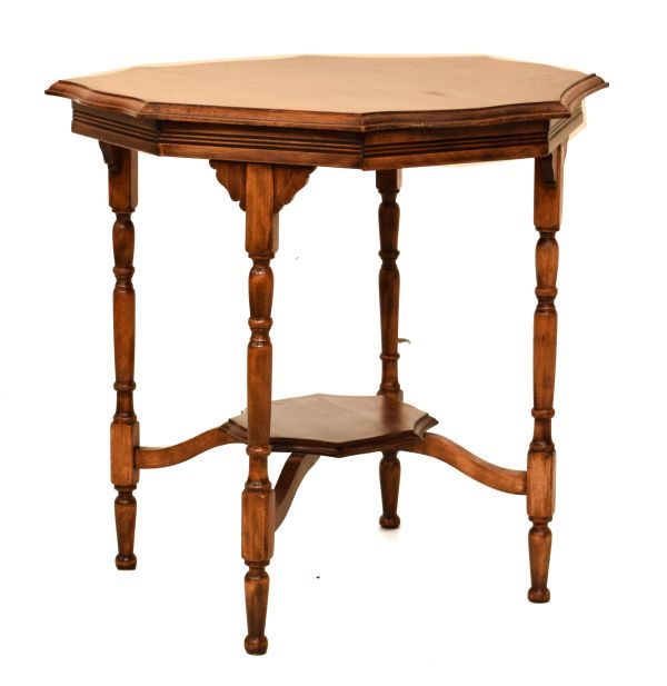 Edwardian beech octagonal occasional table with moulded wavy edge on turned supports and 'X'
