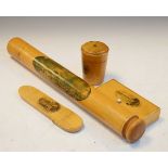Four items of Mauchline ware comprising: a rolling pin with photographic oval vignette of 'The North