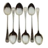 Set of six Edward VII silver Old English pattern coffee spoons having engraved decoration,