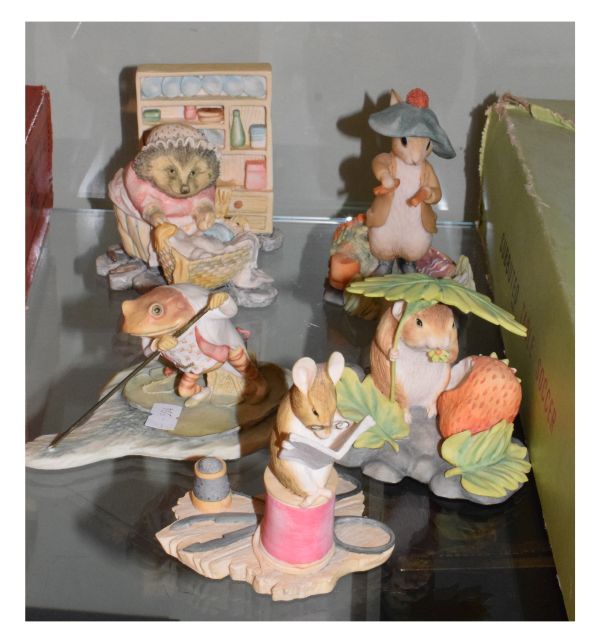 Five Border Fine Arts Beatrix Potter figures - Jeremy Fisher Punting, Taylor of Gloucester, Timmy