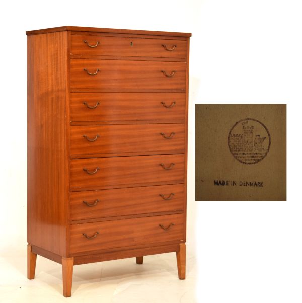 Modern Design - 1960's Danish mahogany seven drawer chest on tapered supports, the rear stamped Made