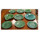 Eight 19th Century green glazed majolica leaf moulded dessert dishes, together with a similar 20th