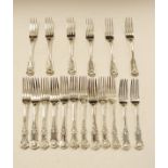 Set of six George IV silver Kings pattern table forks, London 1827, a matched set of six Victorian