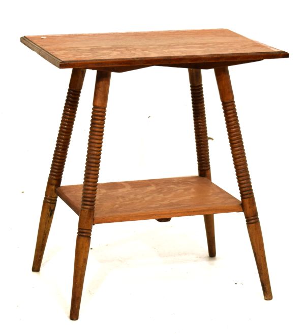 Late Victorian/Edwardian oak occasional table with moulded square top on ring-turned splayed