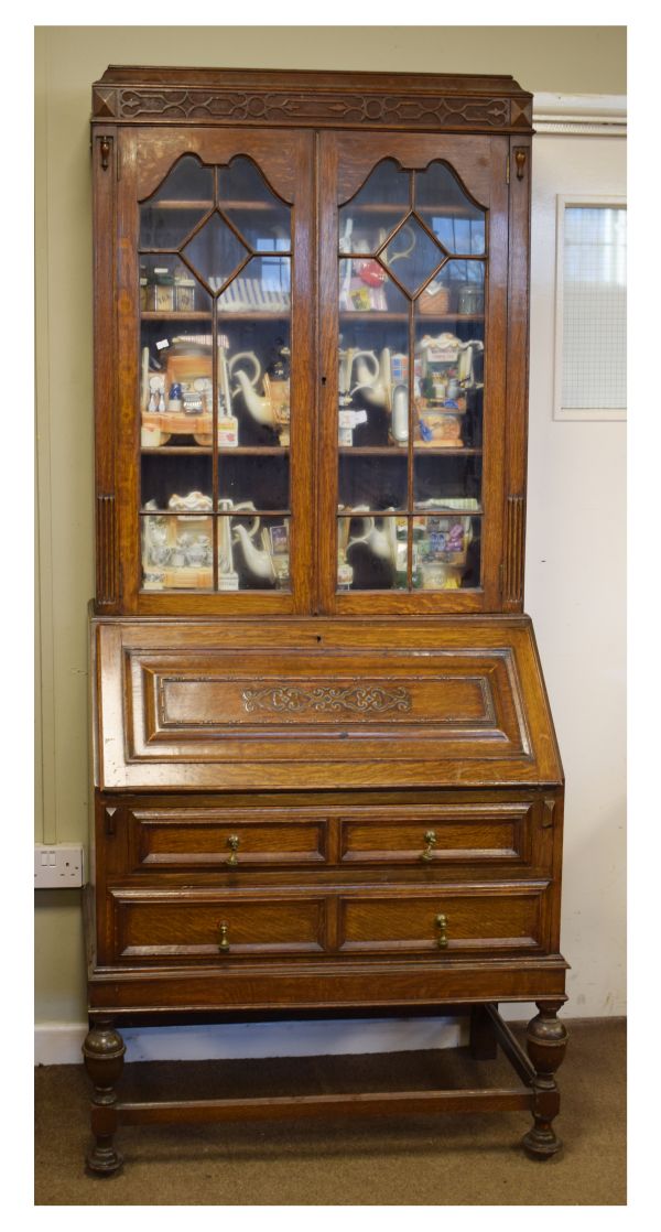 1920's period oak bureau bookcase, 89cm wide Condition: