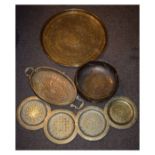 Small selection of brassware to include; an Eastern circular tray, two handled oval galleried dish