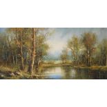 Oil on canvas - Rural riverside landscape, signed Albert, 18.5cm x 78.5cm, framed Condition: