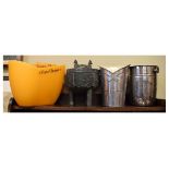 Group of champagne and ice-buckets to include; Moet and Chandon metal example, two orange plastic