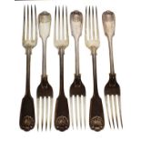 Set of six Victorian silver Fiddle And Shell pattern table forks, London 1899, 19.2toz approx