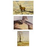 Frances Fry - Watercolour - A stag in a moorland setting, signed lower right, 26cm x 37cm,