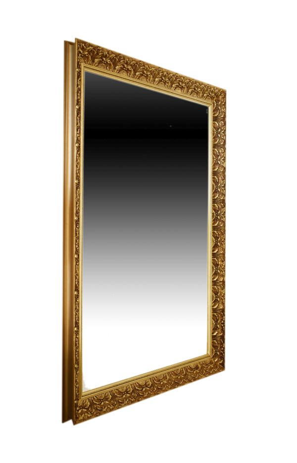 Modern gilt framed overmantel mirror having a bevelled rectangular plate within leaf moulded