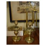 Pair of brass candlesticks, a brass lustre drop basket light fitting and a brass column gong