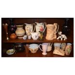 Assorted ceramics and glass to include; Sylvac rabbit jug model 1978, three Crown Ducal jugs