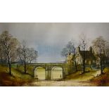 Ronald Folland - Oil on canvas - Riverside landscape with cottages and stone bridge, signed, 39.