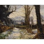 Peter Snell - Oil on canvas - A riverside path in winter, signed lower right, 19.5cm x 24cm, in