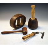Four items of treen comprising: a snooker/billiards cue-tipper RD.658062, a lignum vitae and elm