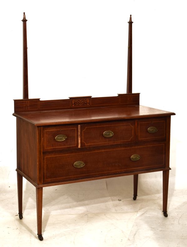 19th Century mahogany veneered bowfront chest of two short over three long drawers on plinth base, - Image 2 of 2