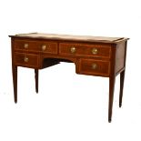Early 20th Century mahogany and satinwood crossbanded kneehole desk with gilt tooled green skiver
