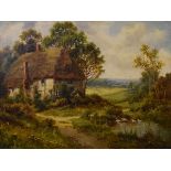 Stuart McKinley - Oil on canvas - Rural landscape with a thatched cottage, signed, 30cm x 40cm