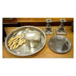 Small group of silver plated wares to include; pair of plate on copper table candlesticks,