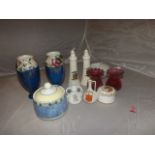 CRESTED CHINA LIGHTHOUSES, SMALL VASES ,CRANBERRY POSYS ETC