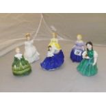 ROYAL DOULTON SMALL FIGURES "BELLE" HN2340 384/67, "KERRY" HN3036 1985,"ELAINE"HN3214 1979, "