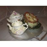 VICTORIAN CHEESE DISH DISH ,CHINA TEA POT & A CONTINENTAL POT POURRI TURREEN