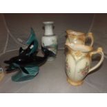 POOLE POTTERY DOLPHINS, JAPANESE VASE & TWO VICTORIAN WATER JUGS