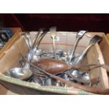 BOX LOT PLATED CUTLERY,INCLUDING LADLES & LEATHER KNITTING WHISKET