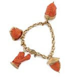 18kt gold and red orange coral charms bracelet 1950/60ies peso 102 gr.