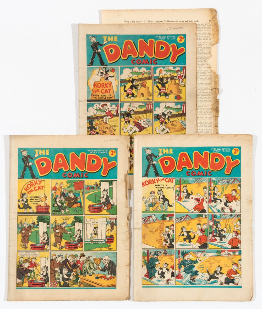 Dandy No 32, 33, 34 (1938). 32: Bright colours, small piece out of cover edge, page 13 has well