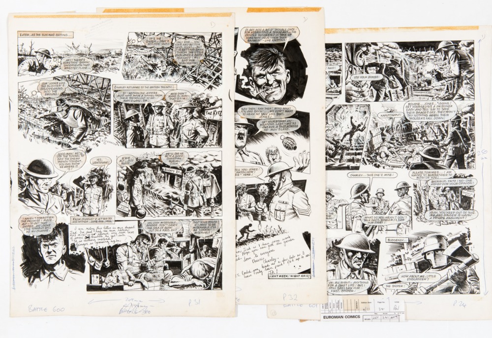 Charley's War three original artworks by Joe Colquhoun (signed to page 1) from Battle 601 and 602 (