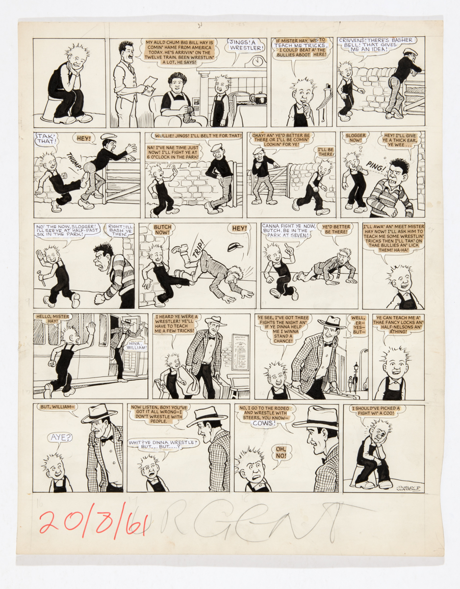 Oor Wullie original artwork (1961). Wullie's pa has a friend, Big Bill, coming over from America and