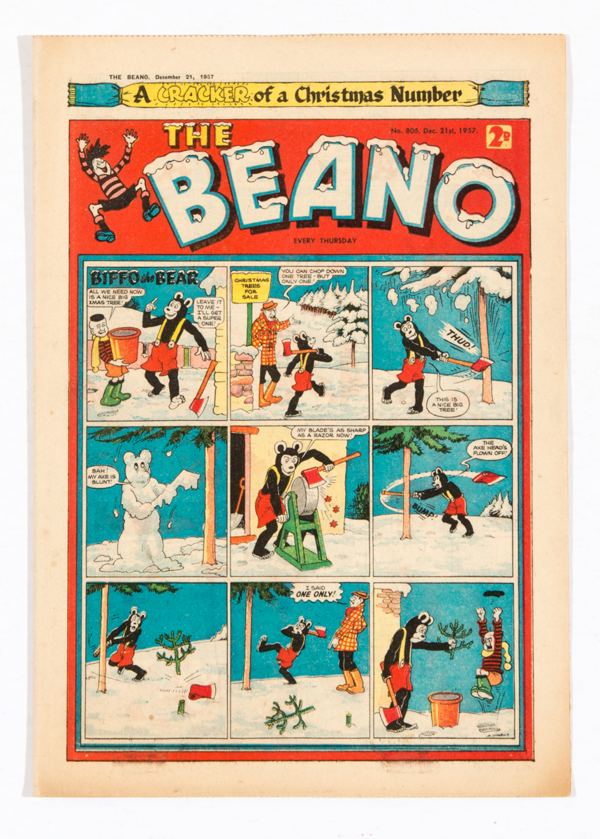 Beano 805 Xmas (1957). Thumb-size piece out of back cover margin [fn]