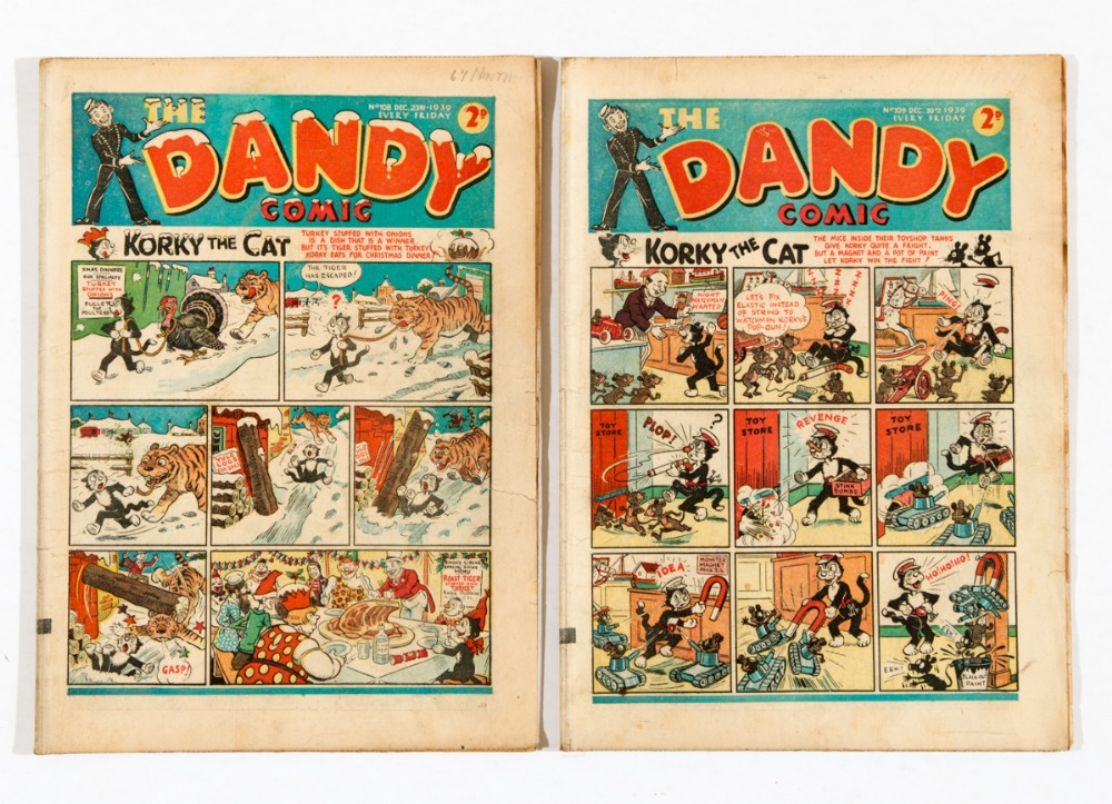 Dandy (1939) 108 Xmas, 109. 108: good colours, one inch margin cover tear, slightly grubby back