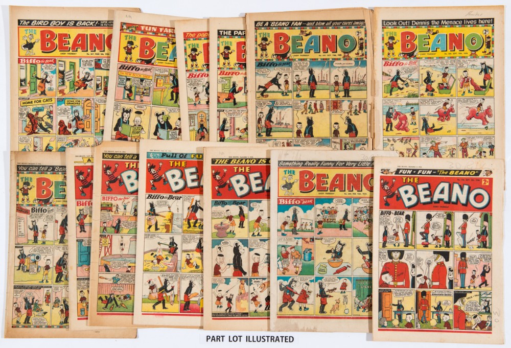 Beano (1954-56). (1954): 604, 607, (1955): 12 issues between 671-698, (1956): 8 issues between 719-