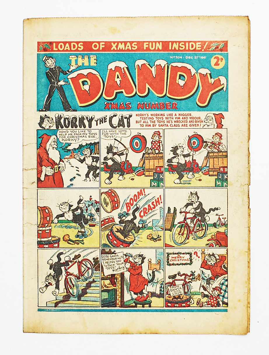 Dandy 204 Xmas (1941). Worn interior page overhangs, no loss, with some spine tears [gd-vg]