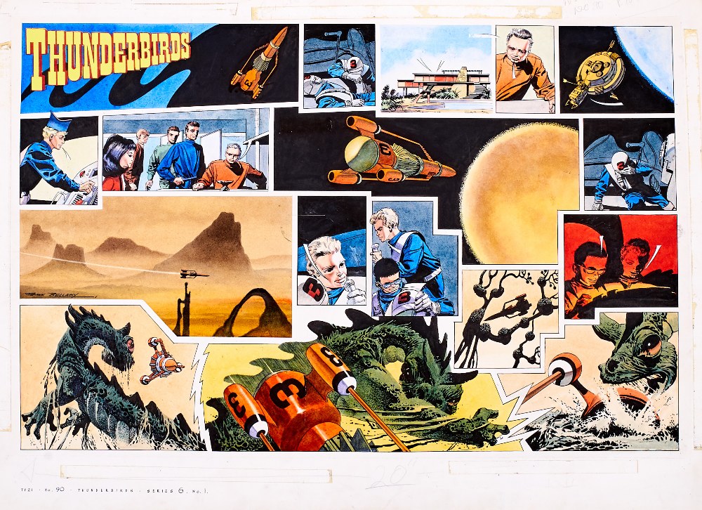 Thunderbirds original double-page artwork (1966) drawn, painted and signed by Frank Bellamy for TV