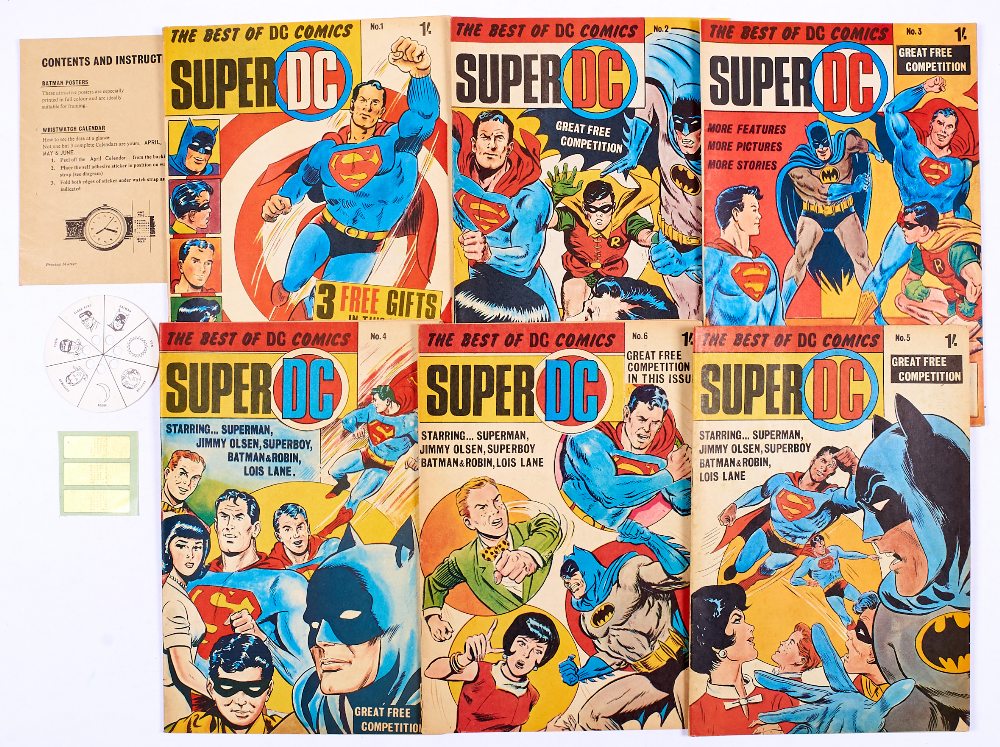 Super DC (1969-70) 1-6. No 1 wfg gift wristwatch calendar and Magic Disc in manila instructions