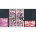 1948 10r magenta P.12 fine M, SG.41a, 1954 25r violet P.13 FU block of four, SG.43b + Official