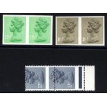1982 12½p light emerald (centre band) shifted to left & 16p olive drab, both Imperf pairs UM, SG.